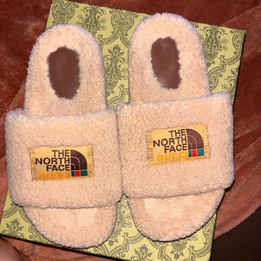 The North Face Gucci Beige Fuzzy Slides